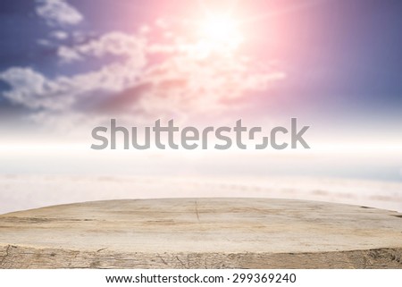 wooden desk space on beach side background