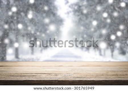 desk space and winter background of landscape white xmas snow for presentation product