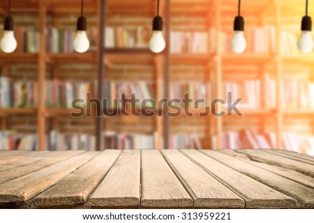 wooden desk free space and library background for presentation product