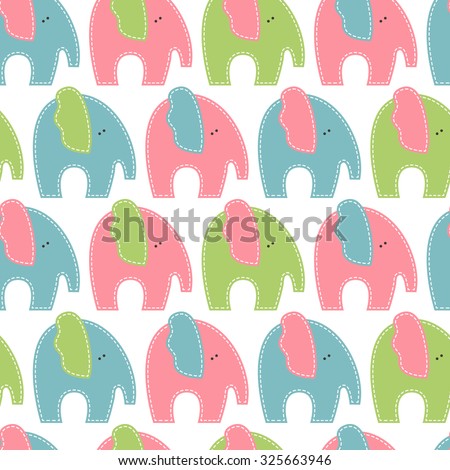 Vector seamless pattern with cute baby elephants. Cartoon childish animals in soft colors (blue, pink, green) on a white background. Hand-sewn style with white seams