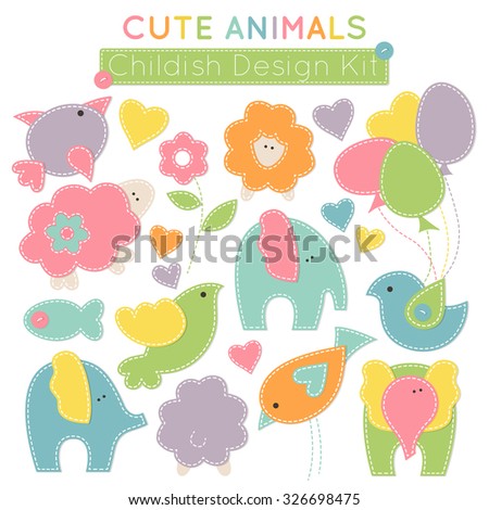 Set of colorful animals (baby birds, cute elephants, little lambs etc.) - design elements for babies (children\'s wear, decoration). Stylized applique with white seams. Vector illustration.