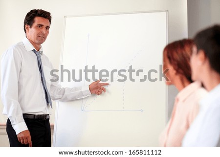 Portrait of an executive man working on his presentation with two businesswoman while standing in front of white board