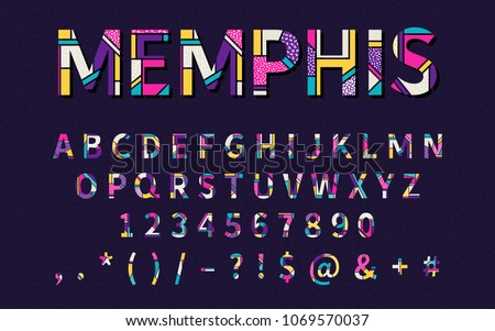 Pop art memphis style font for title, header, lettering, poster, logo, banner, art and craft design. Regular display letters, numbers, punctuation. Retro typography design element. Vector illustration