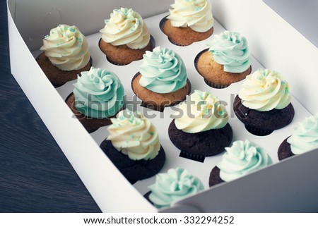 Chocolate and vanilla cupcakes with sprinkles and with white and blue cream in a cardboard box.