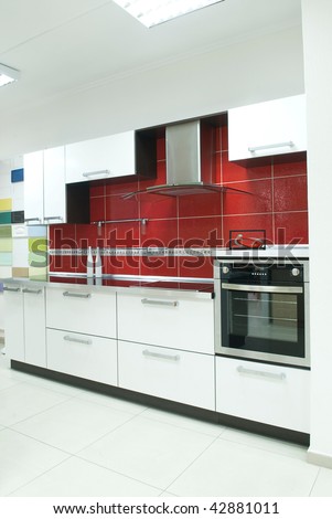 Red And White Kitchen. stock photo : red and white kitchen