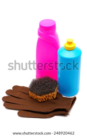 Washing-up liquids with a sponge and gloves