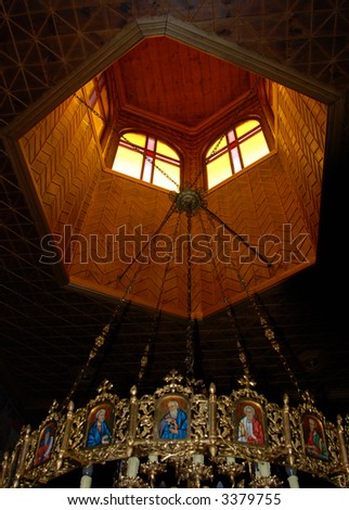 Church ceiling with roof pendant from an orthodox church in Greece