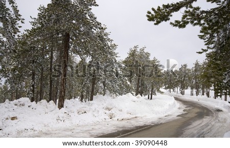 Winter landscapes from Troodos mountain in Cyprus. At the end of the road is the telecommunication globe located at the very top of the mountain.