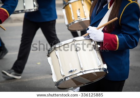 Teenage Students in Uniform playing drums during a parade for the celebrations of ochi day in Nicosia, Cyprus