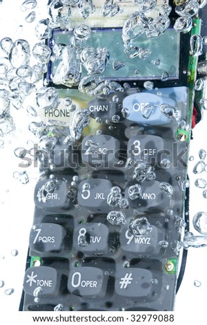 Phone in water. Blue water with bubbles