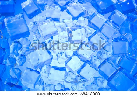 Blue background with cube ice. Fresh water