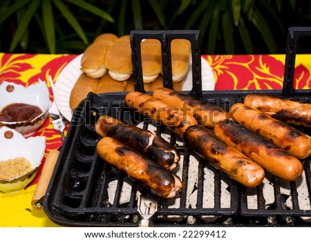 hot dog wieners cooking on an outdoor bar-b-que grill