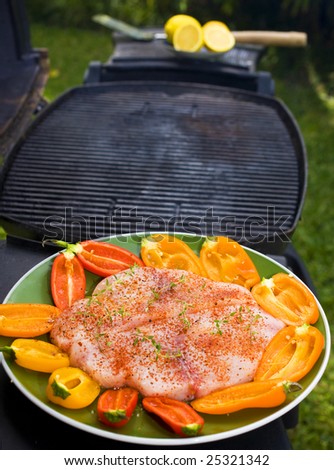 swordfish steaks cook on the bar-b-que grill with baby bell peppers outdoors in a garden