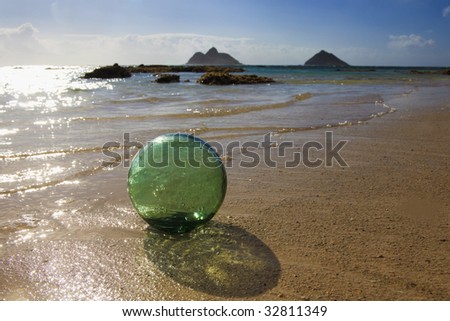 Glass float ball drifts to shore on a Pacific island