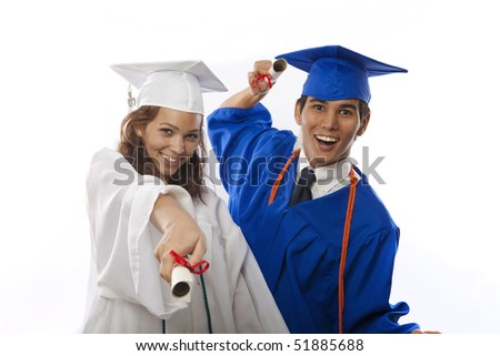 male and female college graduates in cap and gown with diploma