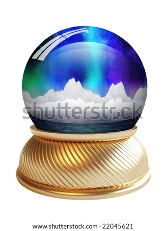Magic arctic christmas snow globe on white background with clipping path