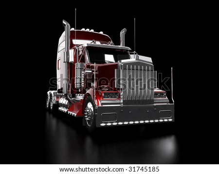 Red heavy truck isolated on black background