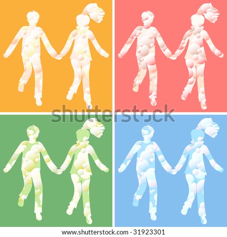 Couple of young people fallen in love, walking hand in hand, bubble motif, four color versions
