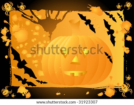 Halloween background with scary pumpkin, bats and spiders, gradient used