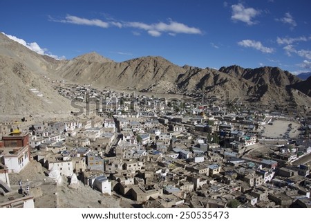 Staggered houses at the grey city of Leh in Ladakh India.