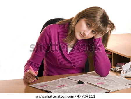 Series of images with young woman searching for ads and job in the newspaper. She is in despair. Isolated on White.