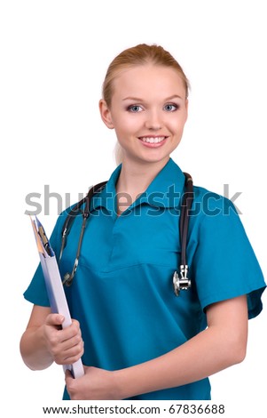 young doctor in medical gown with stethoscope and file folder