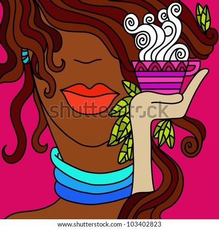abstract background with woman\'s face and cup