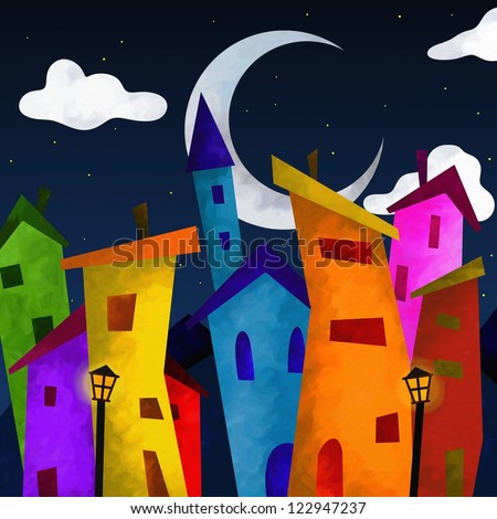 fantasy landscape with colorful houses at night
