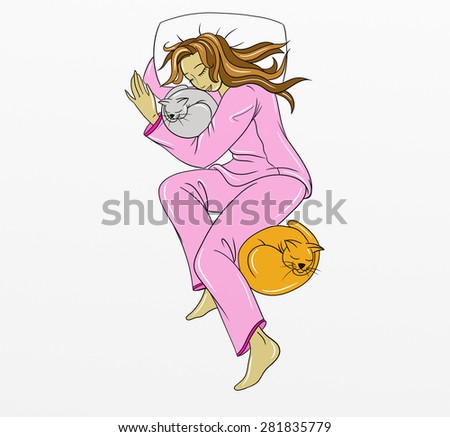 girl with pink pajamas sleeping with two cats