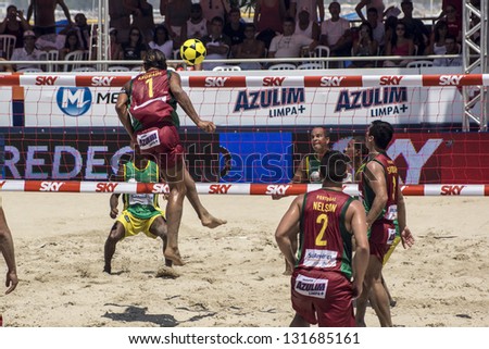RIO DE JANEIRO - MARCH 09: The team\'s player of Portugal, Andrade, executes an attack play. Event Mundial de Futevolei 4 X 4 2013,  March 09, 2013 in Rio de Janeiro, Brazil