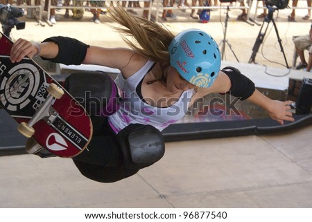 RIO DE JANEIRO - MARCH 3: Karen Sonz of Brazil performs at the World Circuit of the World Cup Skateboarding event on March 3, 2012 in Rio de Janeiro, Brazil.