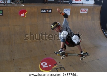 RIO DE JANEIRO - MARCH 2: Mitchie Brusco,15-years-old of USA competes at the World Circuit of the World Cup Skateboarding event on March 2, 2012 in Rio de Janeiro, Brazil.
