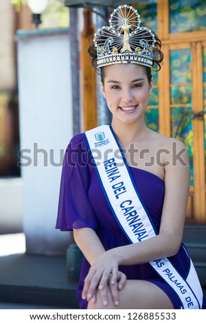 LAS PALMAS, SPAIN - FEBRUARY 2: Carnival\'s queen Giovanna Lee Alfonso, 17 years old, from Canary Islands posing for media during press meeting on February 2, 2013 in Las Palmas, Spain.