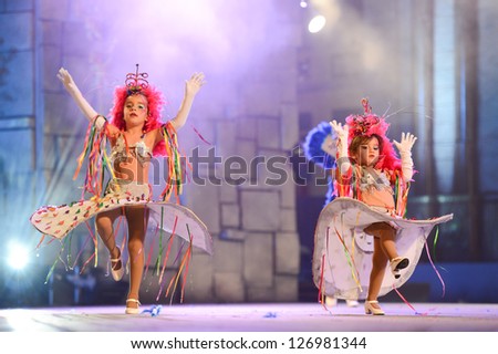 LAS PALMAS, SPAIN - FEBRUARY 2: Unidentified children from dance-group Samba Latina, from Canary Islands, performs onstage during Children\'s dance contest on Saturday 2, 2013 in Las Palmas, Spain.