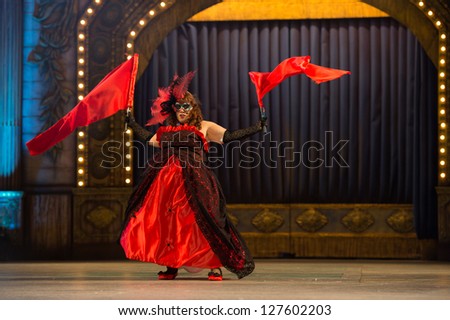 LAS PALMAS , SPAIN - FEBRUARY 7: Milagros Medina Cabrera, from Canary Islands, perform during the Adult Costume Competition, for individuals, on February 7, 2013 in Las Palmas, Spain
