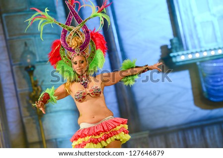 LAS PALMAS , SPAIN - FEBRUARY 8: Unidentified member from dance group Comparsa Los Lianceiros, from Canary Islands, during the Adult Dance Contest on February 8, 2013 in Las Palmas, Spain