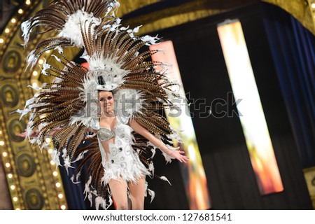 LAS PALMAS , SPAIN - FEBRUARY 8: Unidentified members from dance group Comparsa Son de Ayatima, from Canary Islands, during the Adult Dance Contest on February 8, 2013 in Las Palmas, Spain