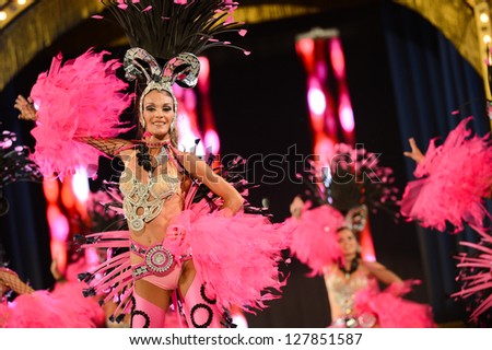 LAS PALMAS , SPAIN - FEBRUARY 8: Unidentified members from dance group Cubatao, from Canary Islands, during the Adult Comparsas Contest on February 8, 2013 in Las Palmas, Spain