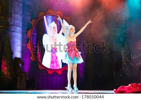 LAS PALMAS , SPAIN - FEBRUARY 21: Nereida del Mar Cruz Deniz from Canary Islands, onstage during the Adult Costume Competition, for individuals, on February 21, 2014 in Las Palmas, Spain