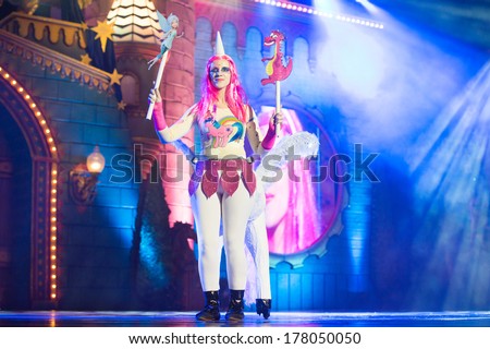 LAS PALMAS , SPAIN - FEBRUARY 21: Shaila Perez Ruano from Canary Islands, onstage during the Adult Costume Competition, for individuals, on February 21, 2014 in Las Palmas, Spain