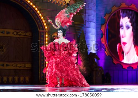 LAS PALMAS , SPAIN - FEBRUARY 21: Maria Jose Castaner Patron from Canary Islands, onstage during the Adult Costume Competition, for individuals, on February 21, 2014 in Las Palmas, Spain