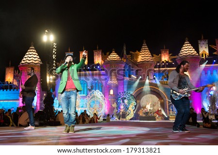 LAS PALMAS, SPAIN - FEBRUARY 28: Efecto Pasillo from Canary Islands, has hit the top 40 in Spain, onstage during carnival Queens Gala onstage on February 28, 2014 in Las Palmas, Spain.