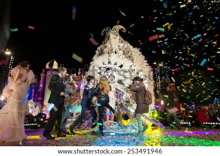 CANARY ISLAND, SPAIN - FEBRUARY 13, 2015: 1st prize to Aranzazu Estevez is presented by Juan Jose Cardona (m) and unidentified people during the carnival One Thousand and One Nights Queens Gala show.