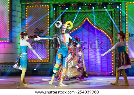 CANARY ISLAND, SPAIN - FEBRUARY 17, 2015: Nestor Santana Benitez (m) onstage during city of Las Palmas carnival One Thousand and One Nights Body Painting Contest.