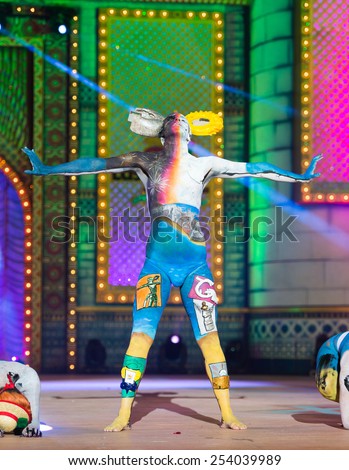 CANARY ISLAND, SPAIN - FEBRUARY 17, 2015: Nestor Santana Benitez onstage during city of Las Palmas carnival One Thousand and One Nights Body Painting Contest.