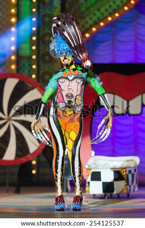 CANARY ISLAND, SPAIN - FEBRUARY 17, 2015: Idaira Bujeda Molina onstage during city of Las Palmas carnival One Thousand and One Nights Body Painting Contest.