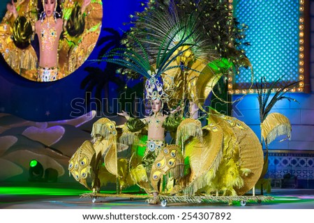 CANARY ISLAND, SPAIN - FEBRUARY 15, 2015: Yasnai Cabrera Nordelo onstage with costume called the sultan\'s daughter during city of Las Palmas carnival One Thousand and One Nights Junior Queen Gala