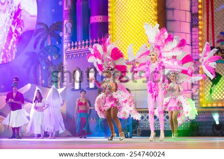 CANARY ISLAND, SPAIN - FEBRUARY 20, 2015: Unidentified dancers with samba costumes performing onstage during city of Las Palmas carnival One Thousand and One Nights opening show of Drag Queen Gala.