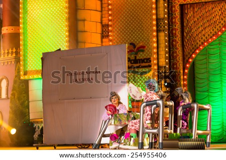CANARY ISLAND, SPAIN - FEBRUARY 20, 2015: Unidentified assistants at a nursing home in drag La K Mona opening show performing onstage during city of Las Palmas carnival Drag Queen Gala.