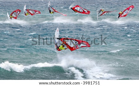 Windsurfer training during the days off the competition PWA Gran Slam 2007 at Pozo Izguierdo, Spain. Sandwich off seven photos.